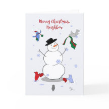 Merry Christmas Neighbor Card Cozy Snowman Birds