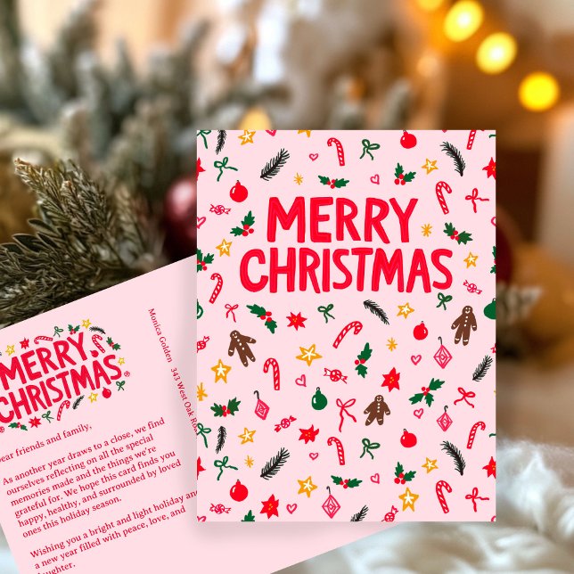 MERRY CHRISTMAS Niedlich Doodle Whimsical CUSTOM Postkarte (MERRY CHRISTMAS Cute Doodle Whimsical CUSTOM Holiday Pink Postcard
)