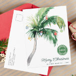 Merry Christmas Palm Tree Coastal Business Logo Feiertagspostkarte<br><div class="desc">Eine moderne, stilvolle, flache Gästekarte mit moderner und handgeschriebener Schrift-Typografie mit einem geschmückten Palmenbaum. Passen Sie diese Karte einfach an, indem Sie auf die Schaltfläche "Personalisieren" klicken. Egal ob Sie Dankbarkeit ausdrücken, die besten Wünsche erweitern oder einfach nur den Geist der Saison teilen, unsere Custom Palm Tree Business Weihnachtsgrüße Card...</div>