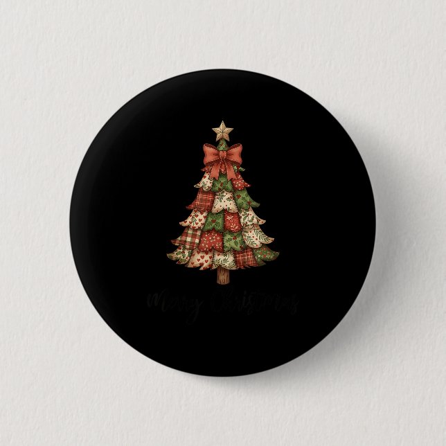 Merry Christmas Patchwork Xmas Tree Family Men Wom Button (Vorderseite)