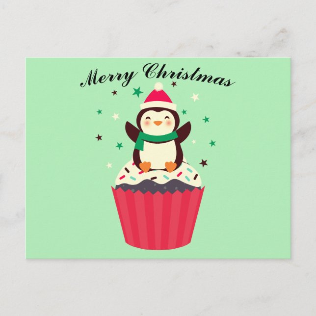 Merry Christmas Penguin Cupcake Postcard Postkarte (Vorderseite)