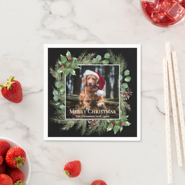Merry Christmas Pet Photo Wreath  Serviette (Beispiel)