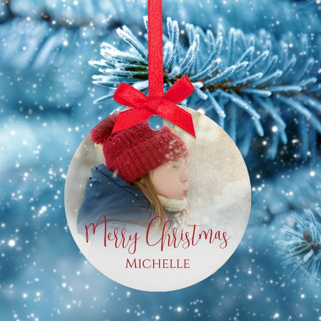 Merry Christmas Photo Calligraphy Red Green Plaid Keramik Ornament (Merry Christmas with a whimsical stylish calligraphy script ceramic circle ornament. )