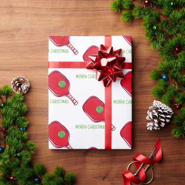 Merry Christmas Pickleball Red Paddle & Green Ball Geschenkpapier (Feiertagsgeschenk)