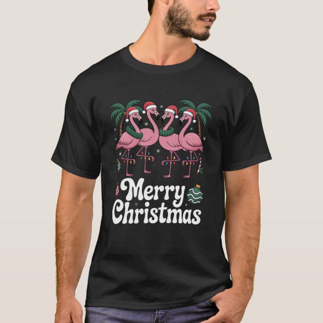 Merry Christmas Pink Flamingo Santa Hat Xmas Light T-Shirt (Vorderseite)