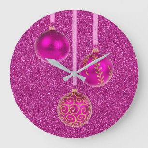 Merry Christmas Pink Glitter Baubles Elegant Große Wanduhr