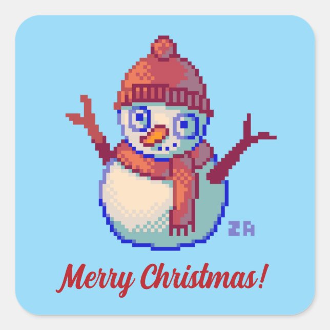 Merry Christmas, Pixel Art, pixelart, Snowman  Quadratischer Aufkleber (Vorderseite)