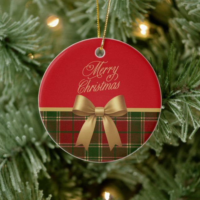 Merry Christmas Plaid Ornament with Gold Bow (Baum)