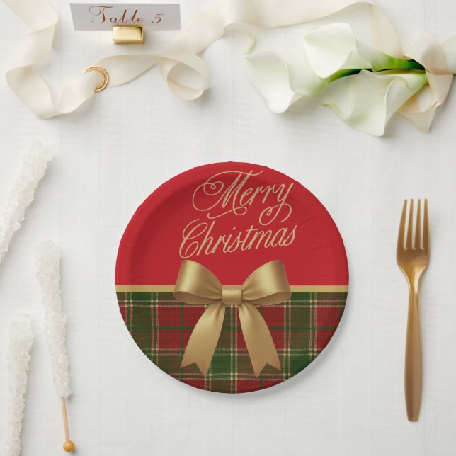 Merry Christmas Plaid Paper Plate with Gold Bow Pappteller (Hochzeit)