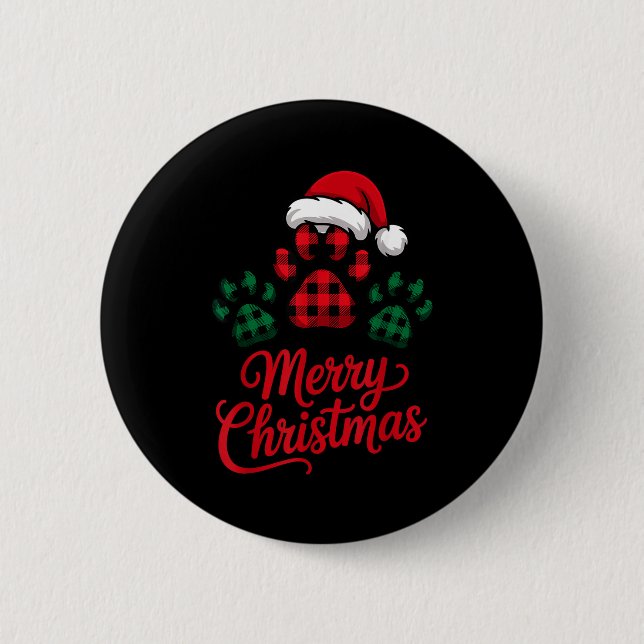Merry Christmas Plaid Paw Pet Owners Holiday Dog L Button (Vorderseite)