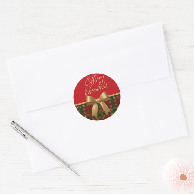 Merry Christmas Plaid Sticker with Gold Bow (Umschlag)