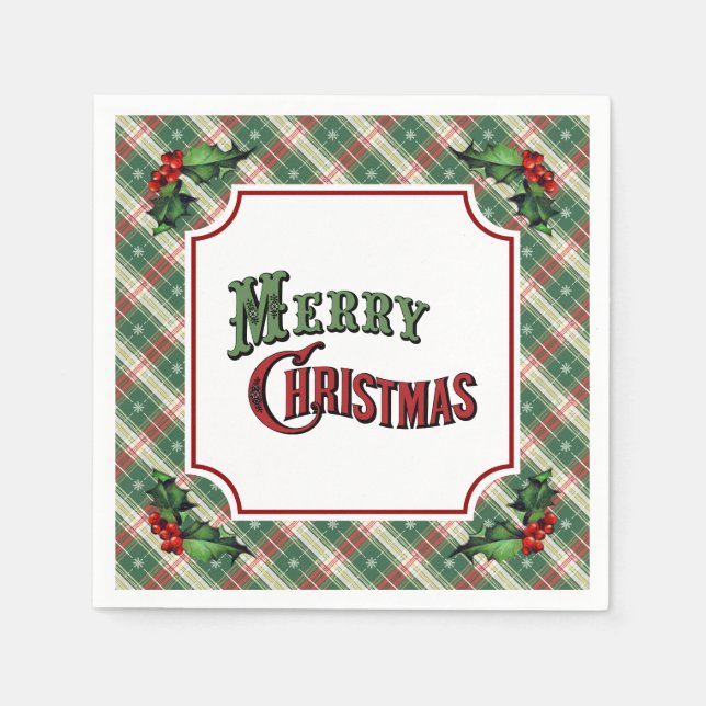 Merry Christmas Plaid with Holly Serviette (Vorderseite)