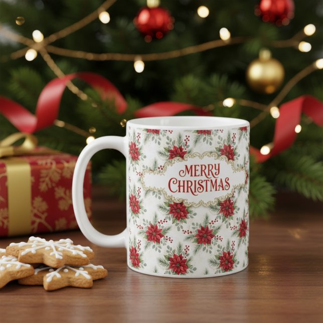 Merry Christmas Poinsettia Floral Holiday Pattern Kaffeetasse (Merry Christmas Poinsettia Coffee Mug - Festive Holiday Floral Cup)