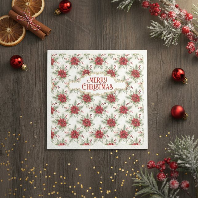 Merry Christmas Poinsettia Floral Holiday Pattern Serviette (Merry Christmas Poinsettia Paper Napkin)
