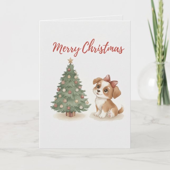 Merry Christmas Puppy Card Cute Dog with Tree Karte (Vorderseite)