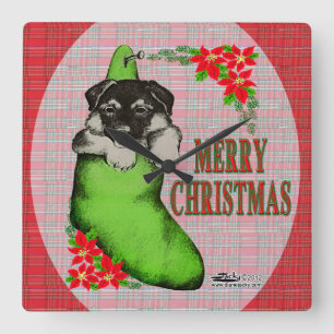 Merry Christmas Puppy Quadratische Wanduhr