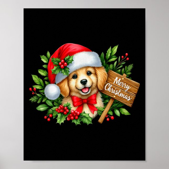 Merry Christmas Puppy Santa Hat Holly Sign Premium Poster (Vorne)