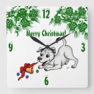 Merry Christmas! Puppy with Bell and Ball Quadratische Wanduhr