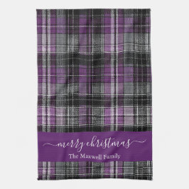 Merry Christmas purple tartan plaid script name Geschirrtuch