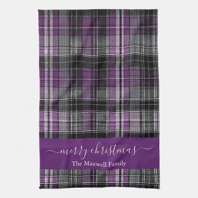 Merry Christmas purple tartan plaid script name Geschirrtuch (Vertikal)