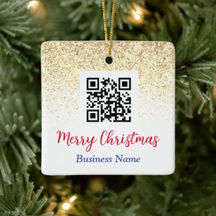Merry Christmas QR Code Business Name Gold Glitzer Keramikornament