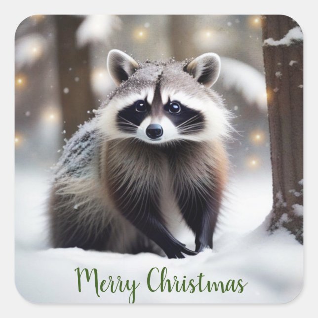 Merry Christmas Raccoon Quadratischer Aufkleber (Vorderseite)
