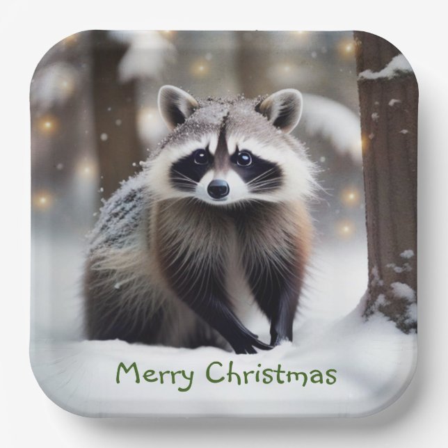 Merry Christmas Racoon Pappteller (Vorderseite)