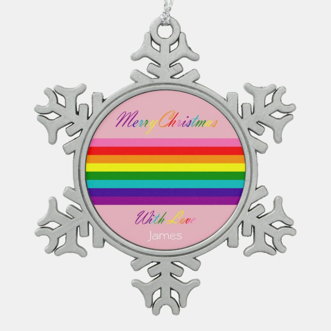 Merry Christmas Rainbow Flag LGBT Name hinzufügen Schneeflocken Zinn-Ornament (Vorderseite)