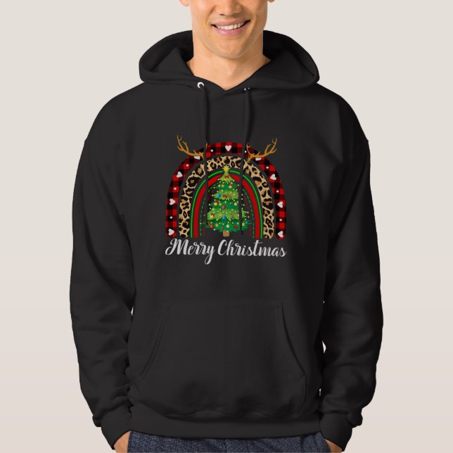 Merry Christmas Rainbow Tree Kariert Leopard Buffa Hoodie (Vorderseite)