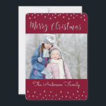 Merry Christmas Red and Silver Foil Stars Foto Feiertagskarte<br><div class="desc">Merry Christmas Red,  Burgundy,  Marsala and Silver Foil Stars Foto Card. The picture and family name can be replaced on the blue and silver Merry Christmas Card.</div>