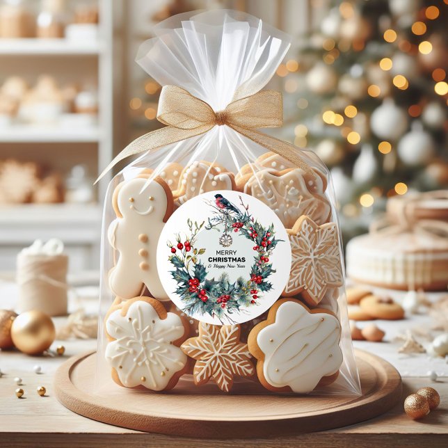 Merry Christmas-Red Berries & Bullfinch Runder Aufkleber (Von Creator hochgeladen)