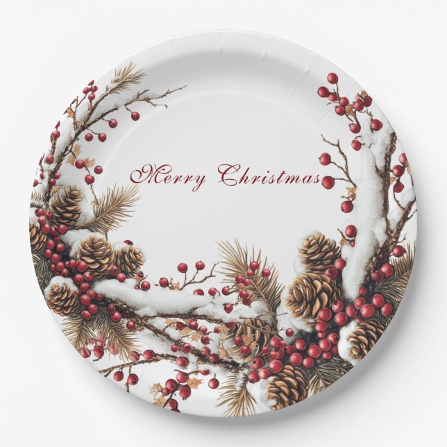 Merry Christmas Red Berries Pine Cones Snow Pappteller (Vorderseite)