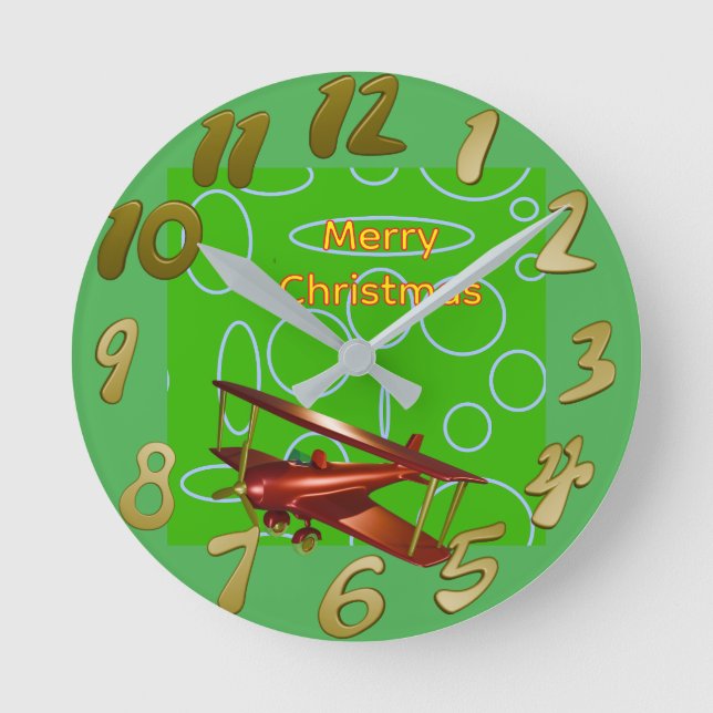 Merry Christmas Red Bi-plane on Green Circles Runde Wanduhr (Vorderseite)