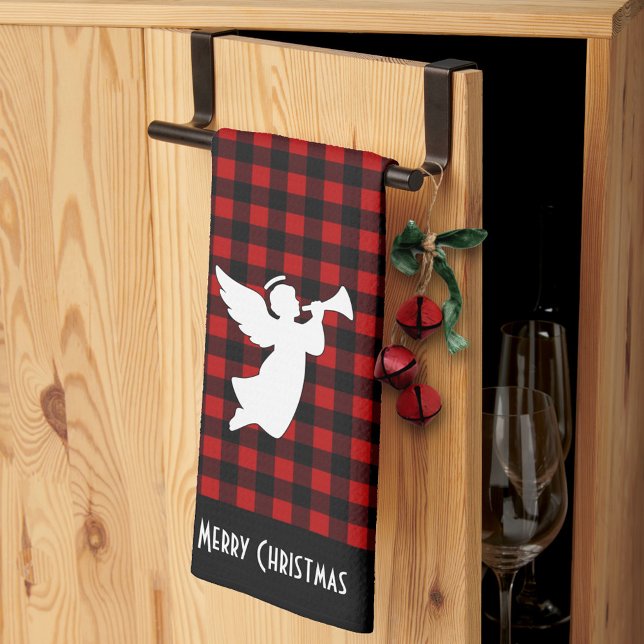 Merry Christmas Red & Black Buffalo Plaid Angel Geschirrtuch (Von Creator hochgeladen)