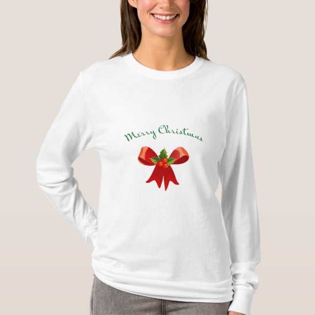 MERRY CHRISTMAS Red Bow mit Holly Festive Modern T-Shirt (Vorderseite)