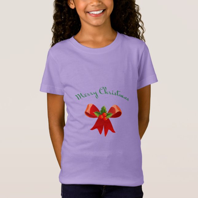 MERRY CHRISTMAS Red Bow mit Holly Festive Modern T-Shirt (Vorderseite)