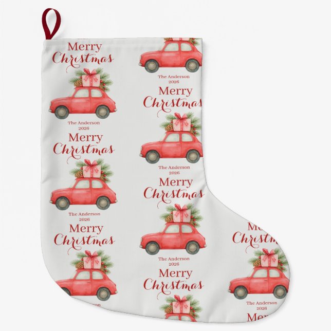 Merry Christmas Red Car – Personalized Holiday Großer Weihnachtsstrumpf (Vorderseite)