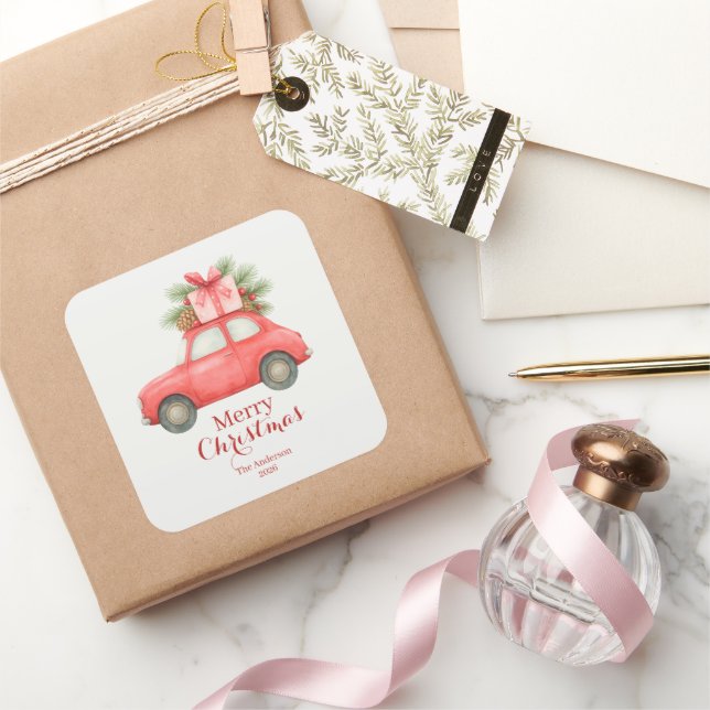Merry Christmas Red Car – Personalized Holiday  Quadratischer Aufkleber (Schenken)