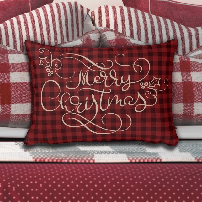 Merry Christmas Red Gingham Tan Script Typografie Dekokissen (Von Creator hochgeladen)
