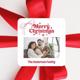 Merry Christmas red hand-drawn bow retro photo Quadratischer Aufkleber
