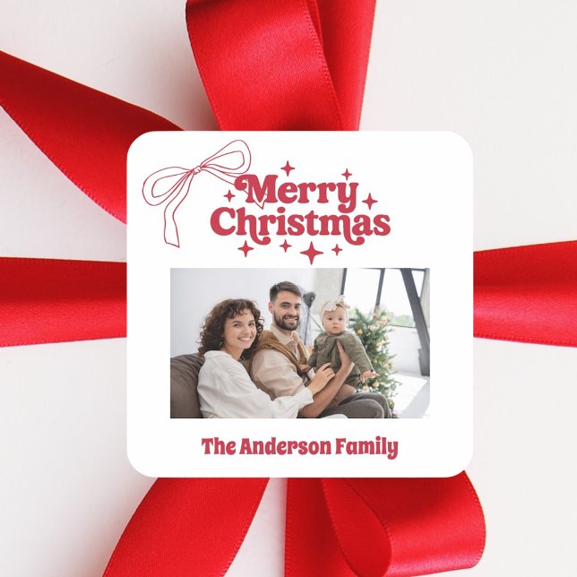 Merry Christmas red hand-drawn bow retro photo Quadratischer Aufkleber (Von Creator hochgeladen)