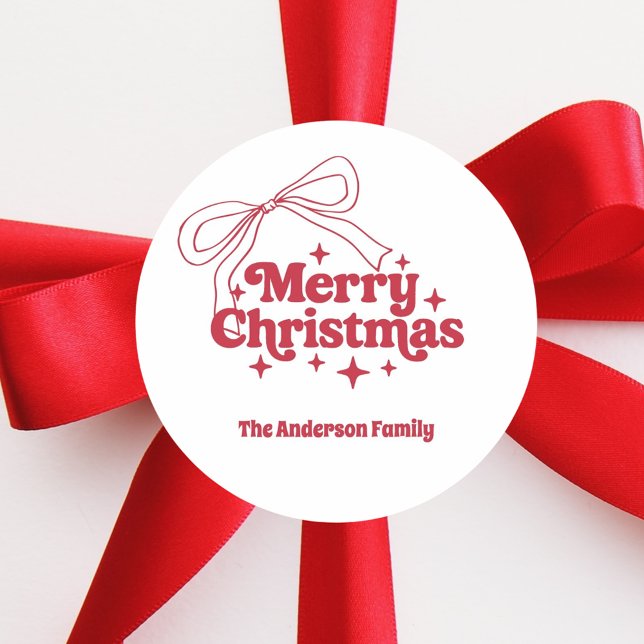 Merry Christmas red hand-drawn bow retro Runder Aufkleber (Von Creator hochgeladen)