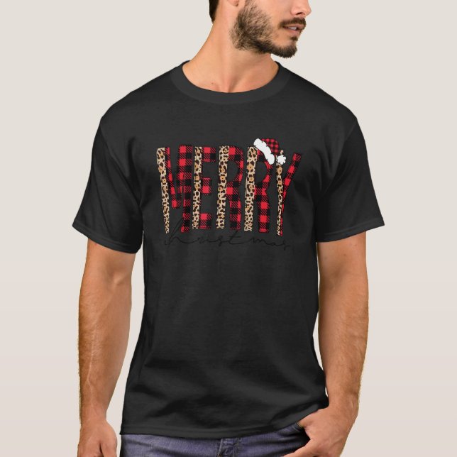 Merry Christmas Red Plaid and Leopard Pattern Xmas T-Shirt (Vorderseite)