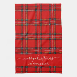 Merry Christmas red tartan plaid script name Geschirrtuch