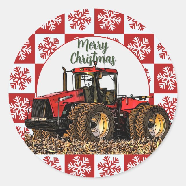 Merry Christmas Red Tractor Farm Holiday Snowflake Runder Aufkleber (Vorderseite)