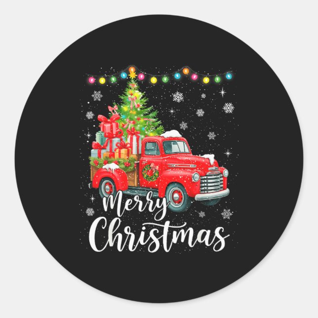 Merry Christmas Red Truck Family Christmas Matchin Runder Aufkleber (Vorderseite)