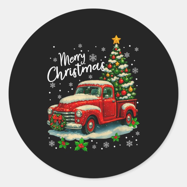 Merry Christmas Red Truck Funny Xmas Tree Family M Runder Aufkleber (Vorderseite)