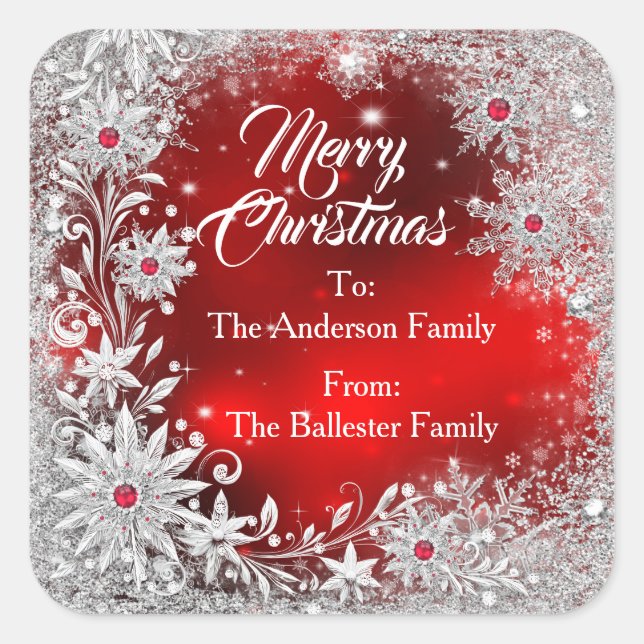 Merry Christmas Red White snowflakes red gems  Quadratischer Aufkleber (Vorderseite)