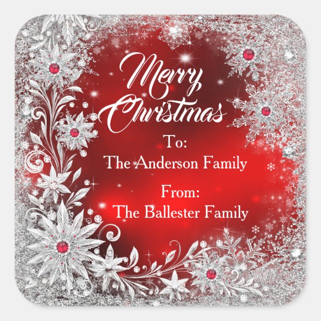 Merry Christmas Red White snowflakes red gems  Quadratischer Aufkleber (Vorderseite)