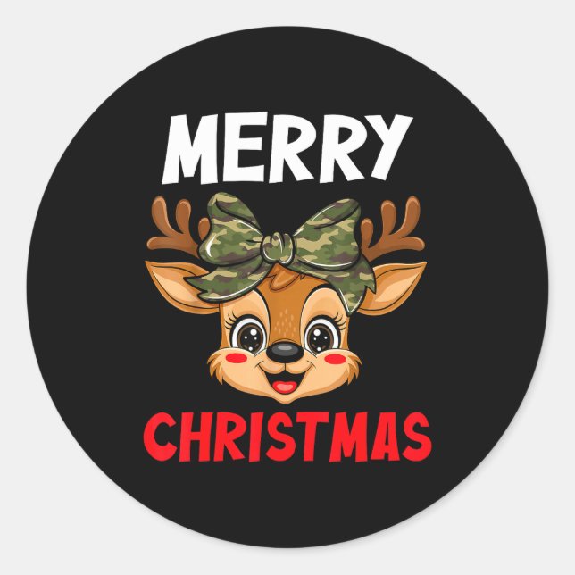 Merry Christmas Reindeer Girls Kids Camo Bow Pajam Runder Aufkleber (Vorderseite)